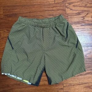 Lululemon Mens Surge Lined Shorts Neon Yellow Black Swirl Pattern Athletic Gym